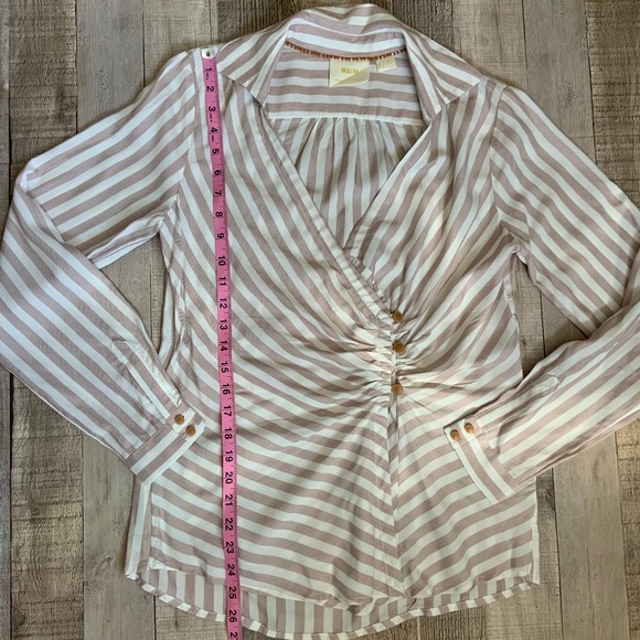 Anthropologie Maeve Mauve Ivory Surplice Wrap Draped Long Sleeve Blouse Shirt 4 - Picture 12 of 14